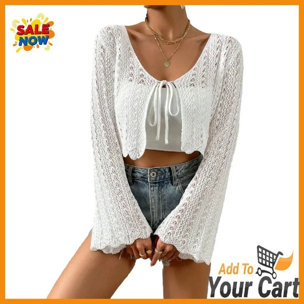 Crop Cardigan with Tie Front Trumpet Sleeves Pointelle Knit Lightweight